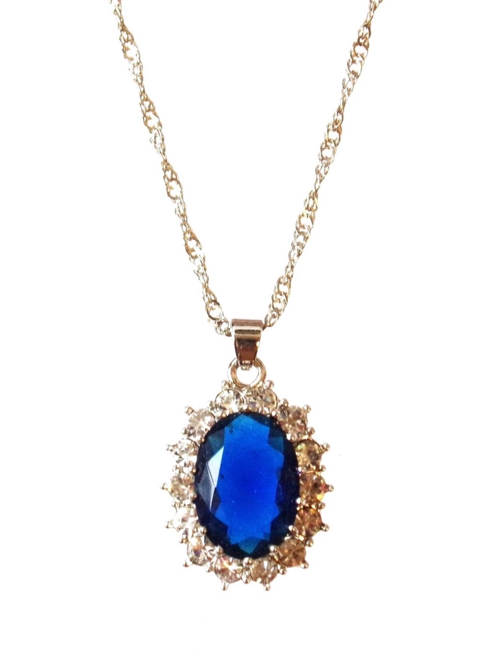 Blue crystal oval pendant necklace with round clear crystals silver setting  New